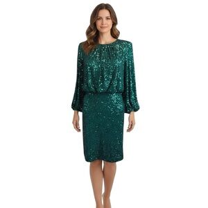 Vince Camuto Full Sequin Emerald Green Blouson Sleeve Dress NWT Size 4
